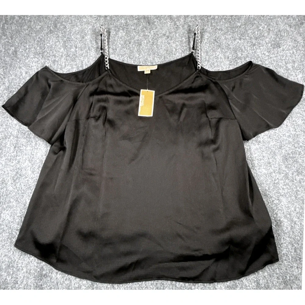 Michael Kors Women 2X Plus Black Cold Shoulder Chain Strap Blouse Top NWT